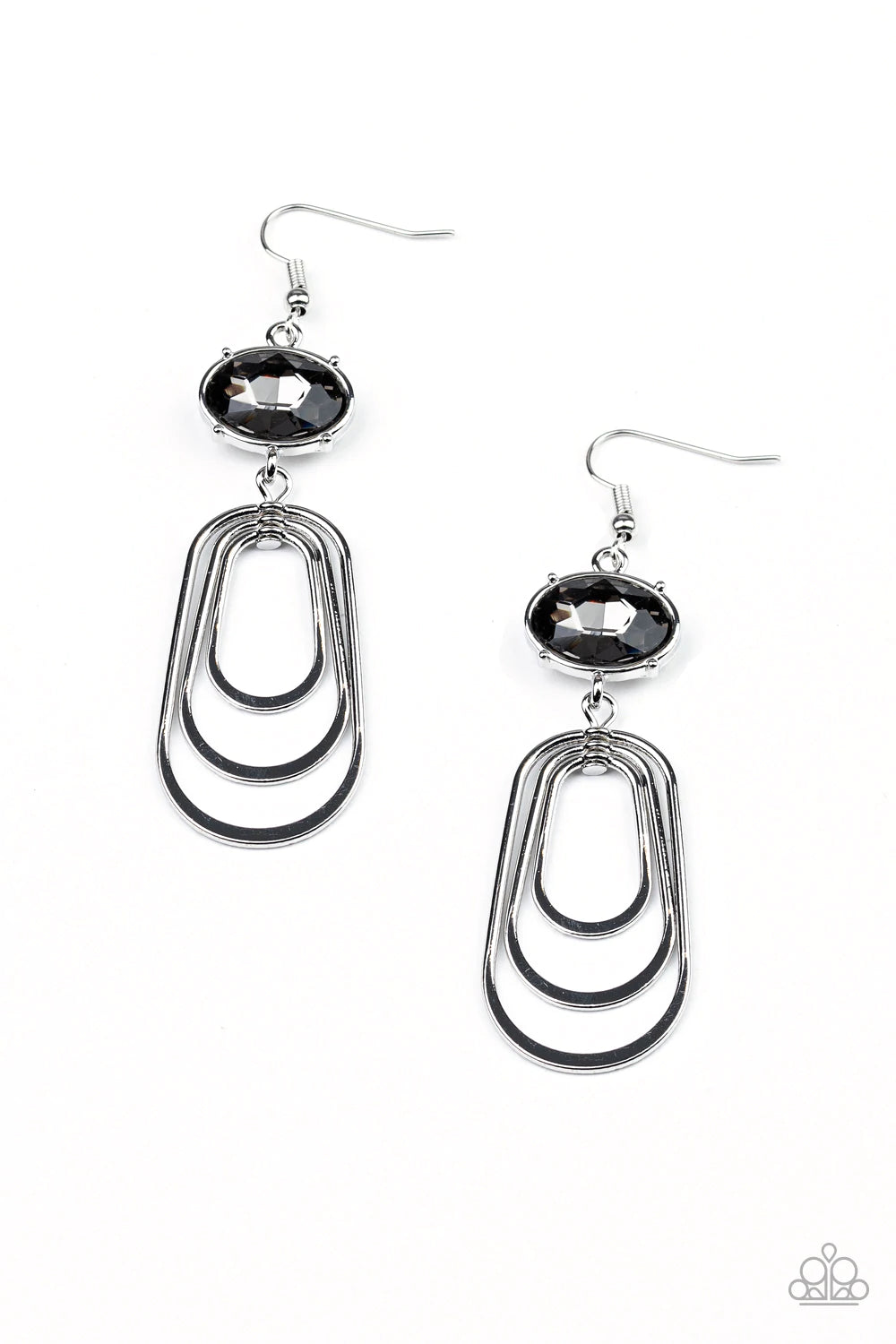 Paparazzi Accessories Drop-Dead Glamorous - Silver Oval shaped silver frames drip from the bottom of an oversized smoky rhinestone gem, creating a rippling fringe. Earring attaches to a standard fishhook fitting. Sold as one pair of earrings. Jewelry