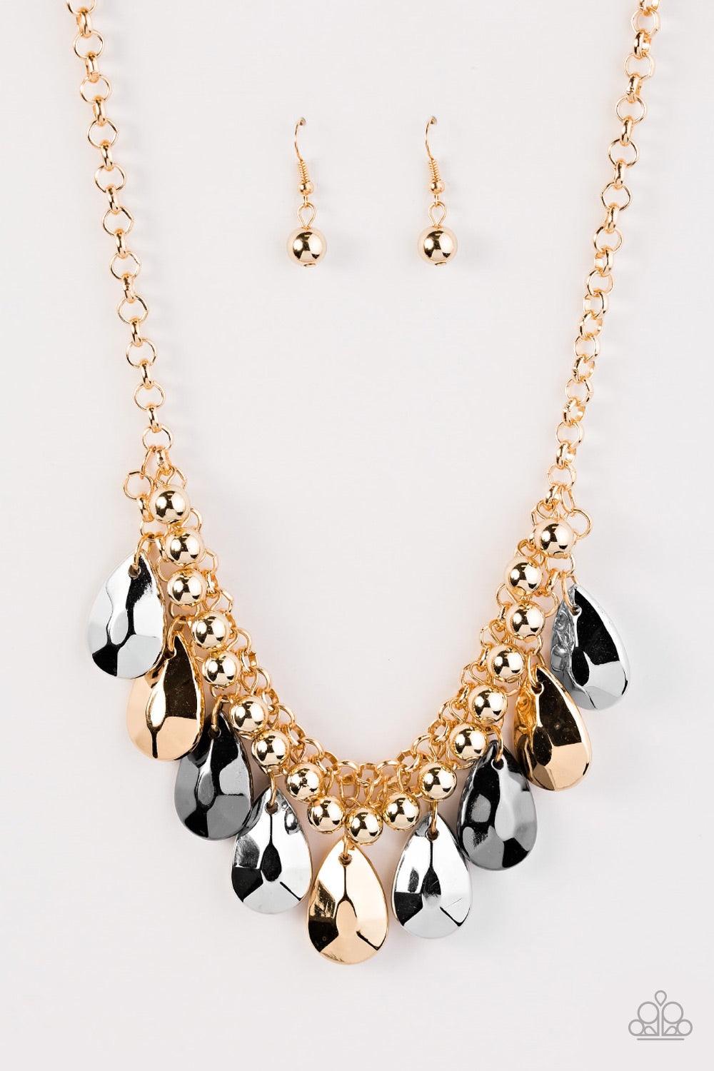 Paparazzi Accessories La DIVA Loca - Multi Faceted silver, gold, and gunmetal teardrops trickle from the bottom of interwoven gold chains, creating a dramatic fringe below the collar. Classic gold beads swing from the bold chains, adding a timelessly chic