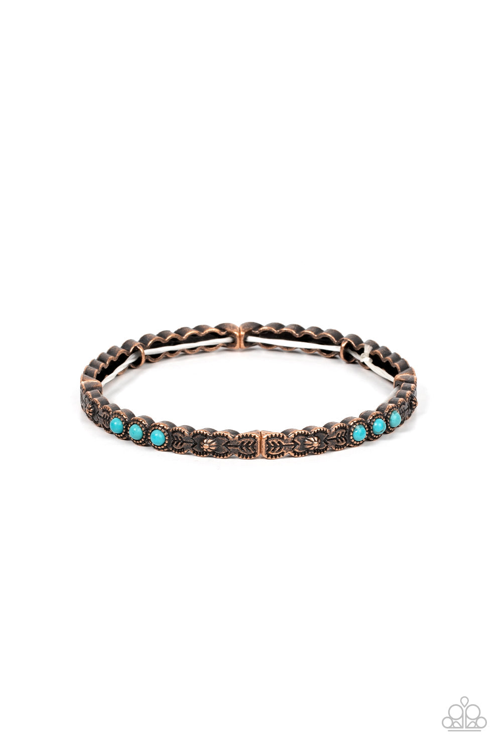 Paparazzi Accessories Living In The Pasture - Copper Stamped and studded in floral and arrow patterns, dainty copper frames adorned in trios of smooth turquoise stones are threaded along stretchy bands around the wrist for a colorfully seasonal look. Sold