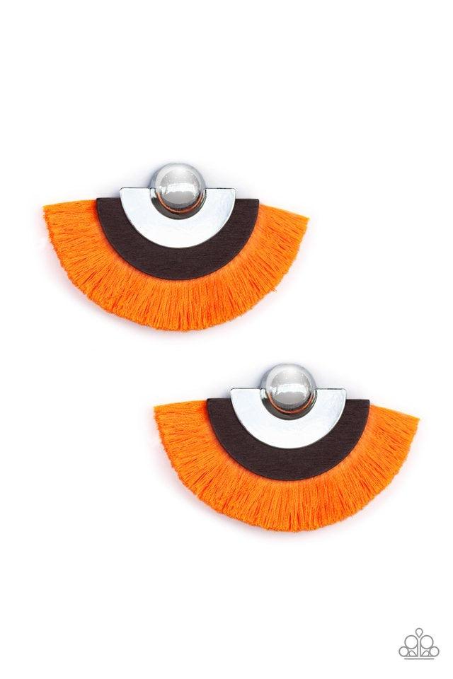 Paparazzi Accessories Fan the FLAMBOYANCE - Orange Neon orange thread fans from the bottom of a retro silver and wooden frame, creating a vivacious fringe. Earring attaches to a standard post fitting. Sold as one pair of post earrings. Jewelry