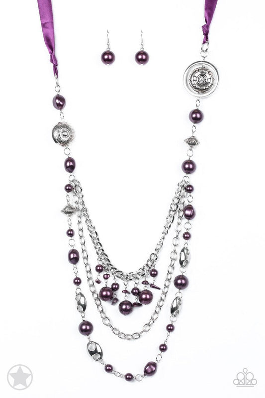 Paparazzi Accessories All The Trimmings - Purple A silky purple ribbon replaces a traditional chain to create a timeless look. Pearly deep purple beads and funky silver pieces intermix with varying lengths of silver chains to give a fresh take on a Victor
