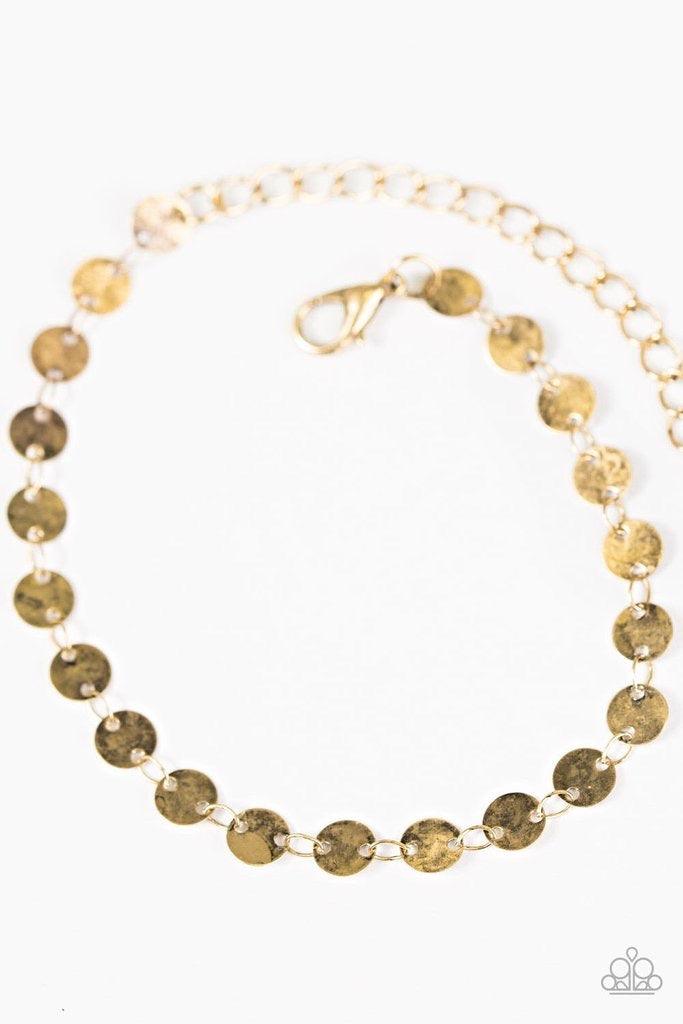 Paparazzi Accessories Spotlight Social - Brass Brushed in a shiny finish, flat brass discs link across the wrist in an undeniably shimmery fashion. Features an adjustable clasp closure. Jewelry