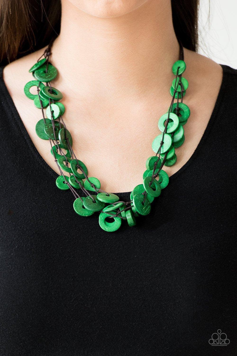 Paparazzi Accessories Wonderfully Walla - Green Shiny brown cording knots around mismatched green wooden beads, creating vivacious layers. Features a button loop closure. Sold as one individual necklace. Includes one pair of matching earrings. Jewelry