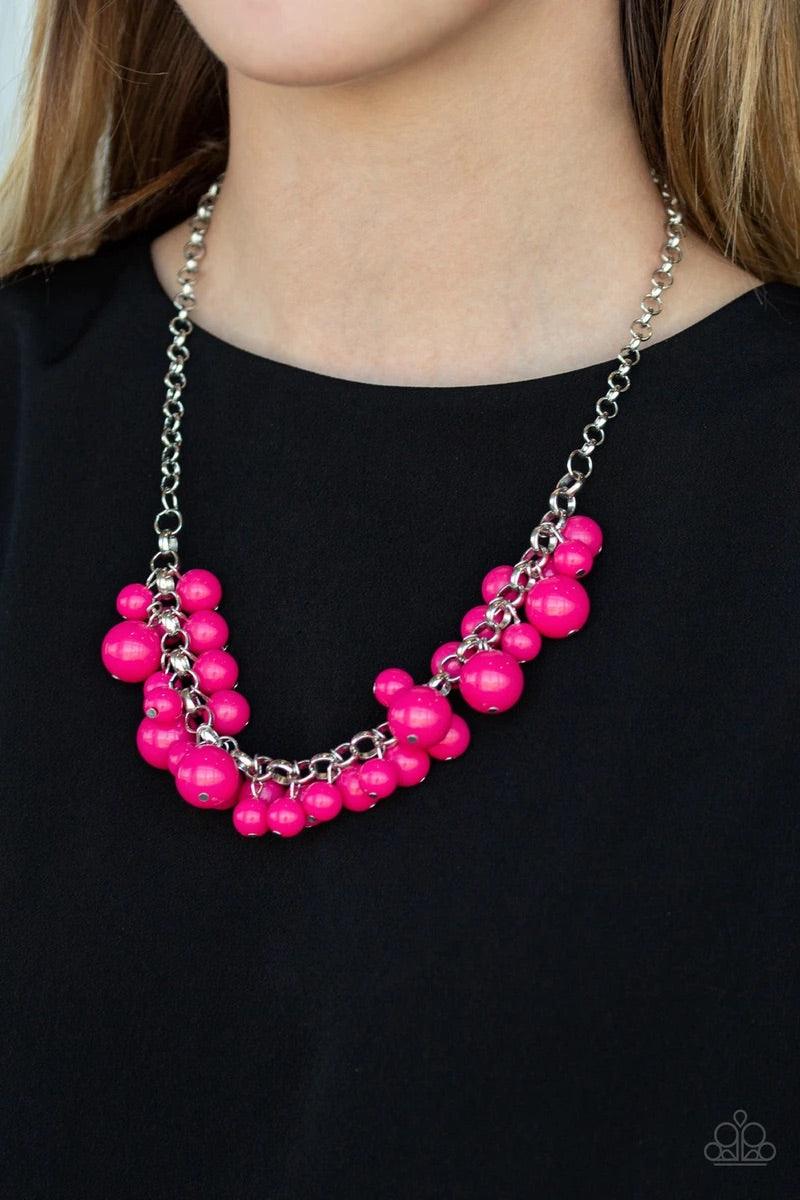 Paparazzi Accessories Walk This BROADWAY - Pink A collection of bubbly pink beads swings from the bottom of a shimmery silver chain, creating a vivacious fringe below the collar. Features an adjustable clasp closure. Sold as one individual necklace. Inclu