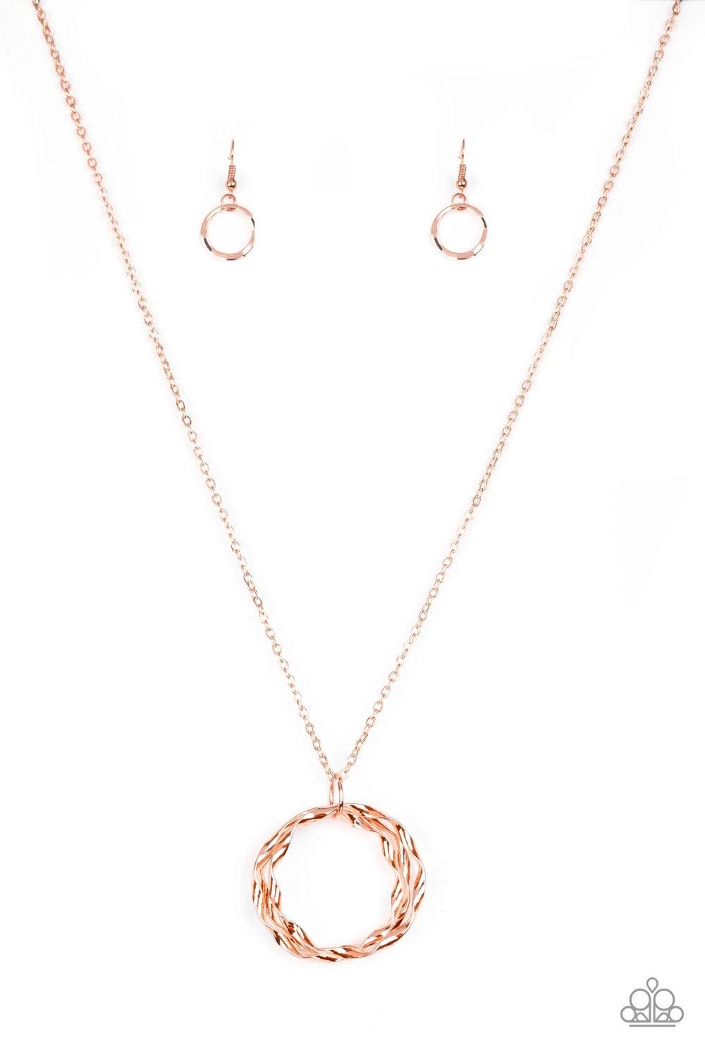 Paparazzi Accessories Millennial Minimalist - Copper Twirling shiny copper hoops swing from the bottom of an elegantly elongated shiny copper chain, creating a dizzying pendant. Features an adjustable clasp closure. Sold as one individual necklace. Includ