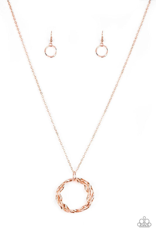 Paparazzi Accessories Millennial Minimalist - Copper Twirling shiny copper hoops swing from the bottom of an elegantly elongated shiny copper chain, creating a dizzying pendant. Features an adjustable clasp closure. Sold as one individual necklace. Includ