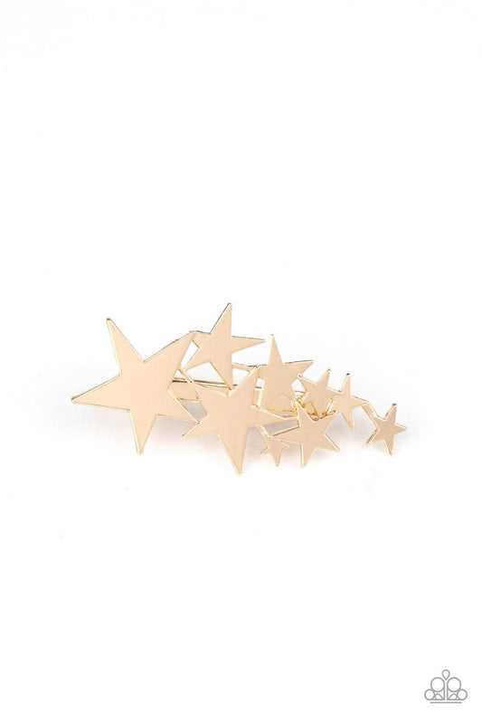 Paparazzi Accessories She STAR-Ted It! - Gold A scattering of gold stars delicately coalesces into a stellar frame. Features a standard hair clip on the back. Sold as one individual hair clip. Hair Accessories