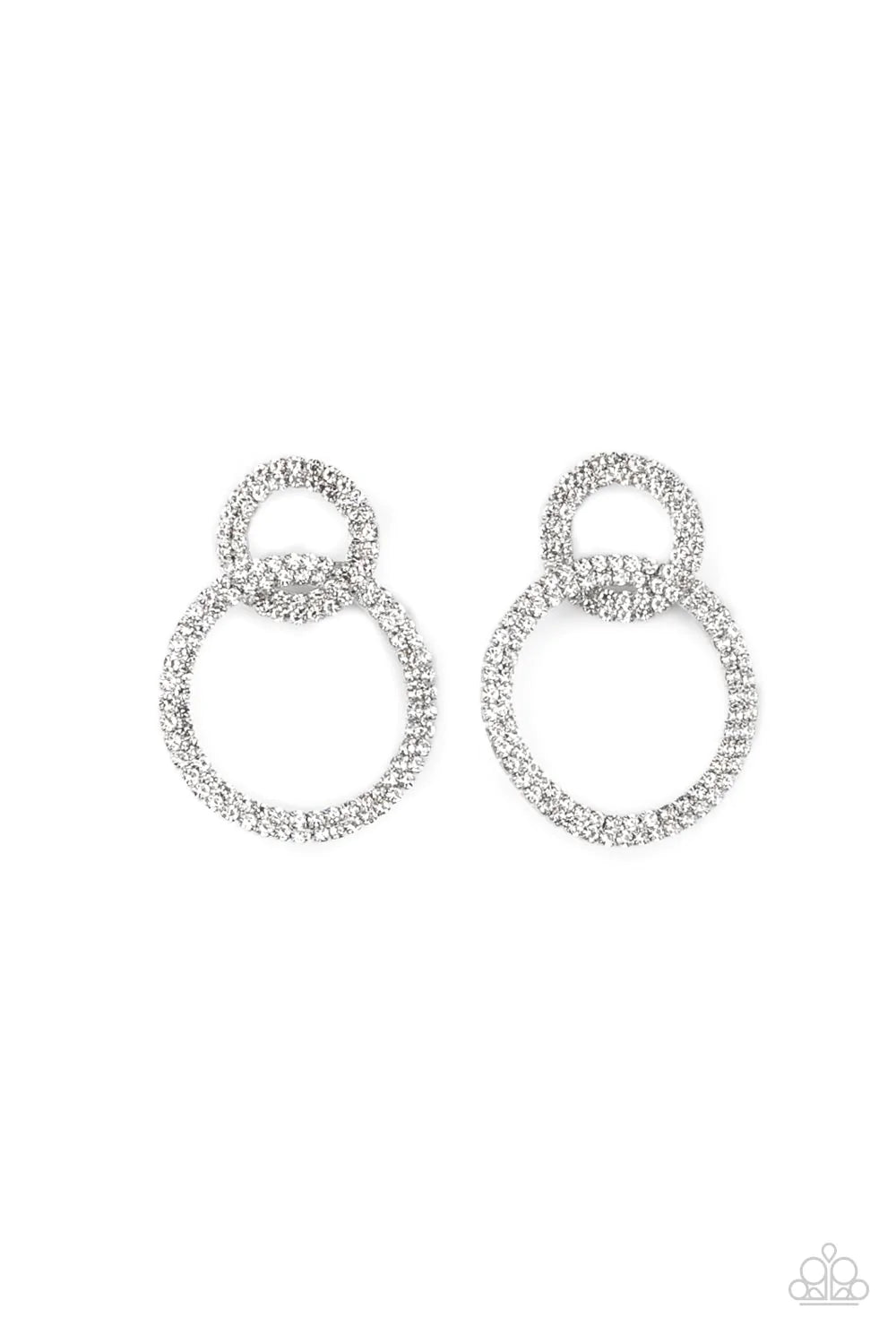 Paparazzi Accessories Intensely Icy - White Rows of sparkly white rhinestones encircle into two interconnected hoops, creating a jaw-dropping lure. Earring attaches to a standard post fitting. Sold as one pair of post earrings.