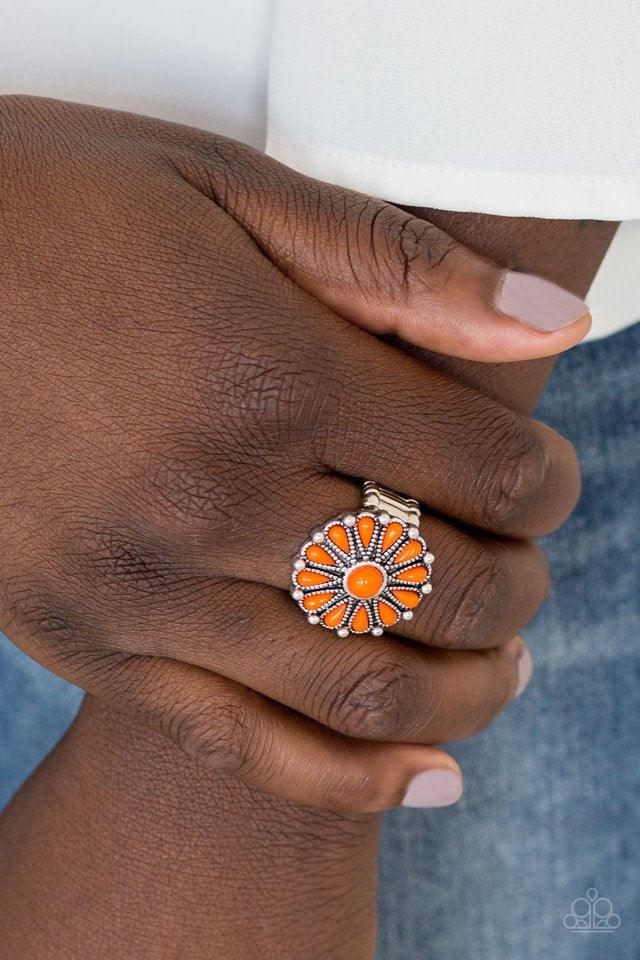 Paparazzi Accessories Poppy Pop-Tastic - Orange Vivacious orange beads spin around a studded silver frame, creating a colorful floral pattern atop the finger. Features a stretchy band for a flexible fit. Jewelry