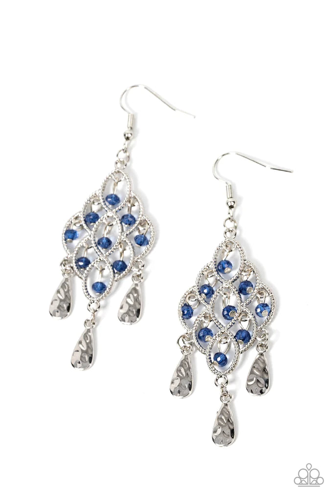 Paparazzi Accessories Sentimental Shimmer - Blue Hammered silver teardrops swing from the bottom of a frame composed of silvery ropelike filigree that gently loops into an airy diamond shape. Tiers of dainty blue crystal-like beads cascade from the frilly