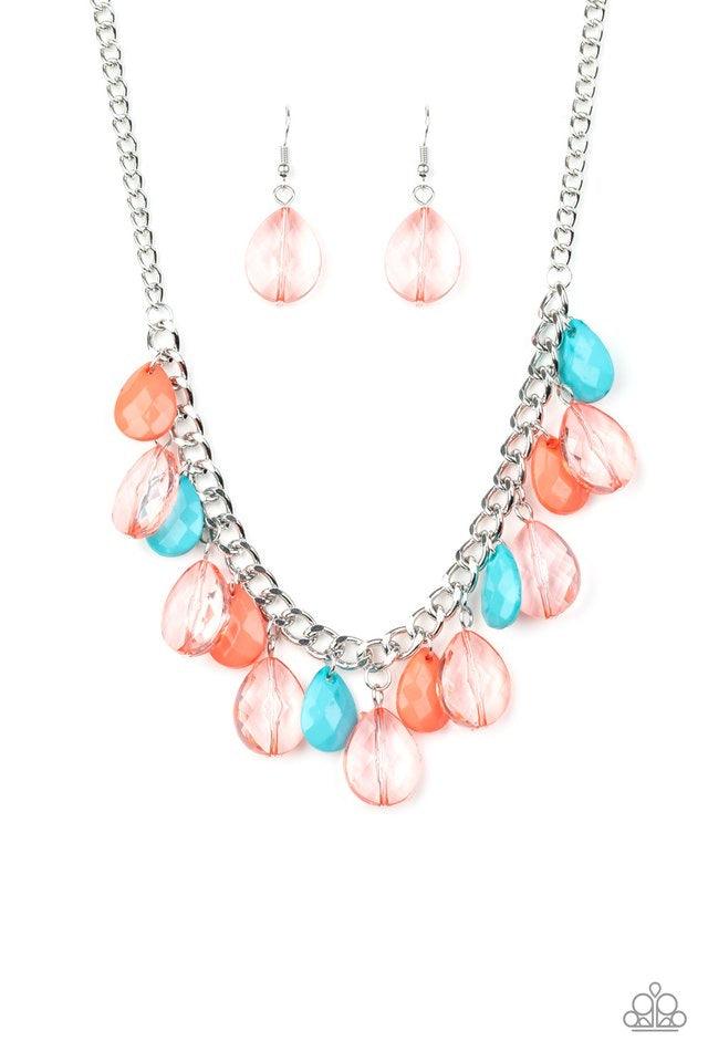 Paparazzi Accessories Just TEAR-ridiculous - Multi Faceted Limpet Shell, Living Coral, and glassy teardrops swing from the bottom of a thick silver chain, creating a vivacious fringe below the collar. Features an adjustable clasp closure. Jewelry
