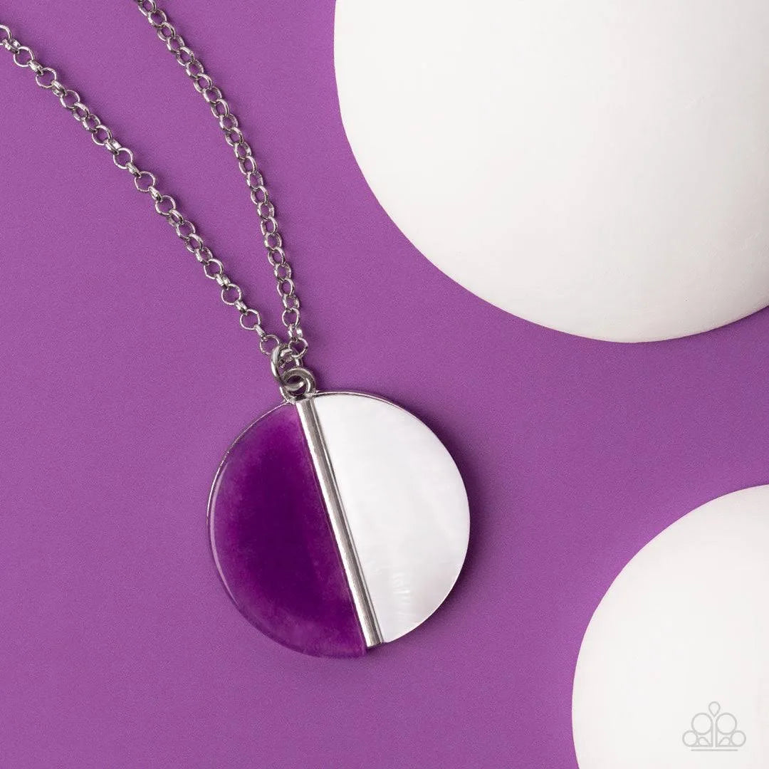 Paparazzi Accessories Elegantly Eclipsed - Purple A pair of amethyst stone and white shell-like half moon frames adorn the front of a round silver fitting, creating a whimsical pendant below the collar. Features an adjustable clasp closure. Sold as one in