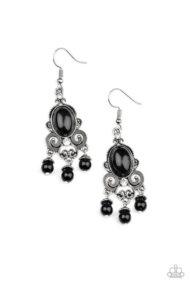Paparazzi Accessories I Better Get GLOWING - Black Dotted silver filigree spins around a shiny black bead and dainty white rhinestones, coalescing into a regal frame. A beaded fringe swings from the bottom of the frame for a refined finish. Earring attach