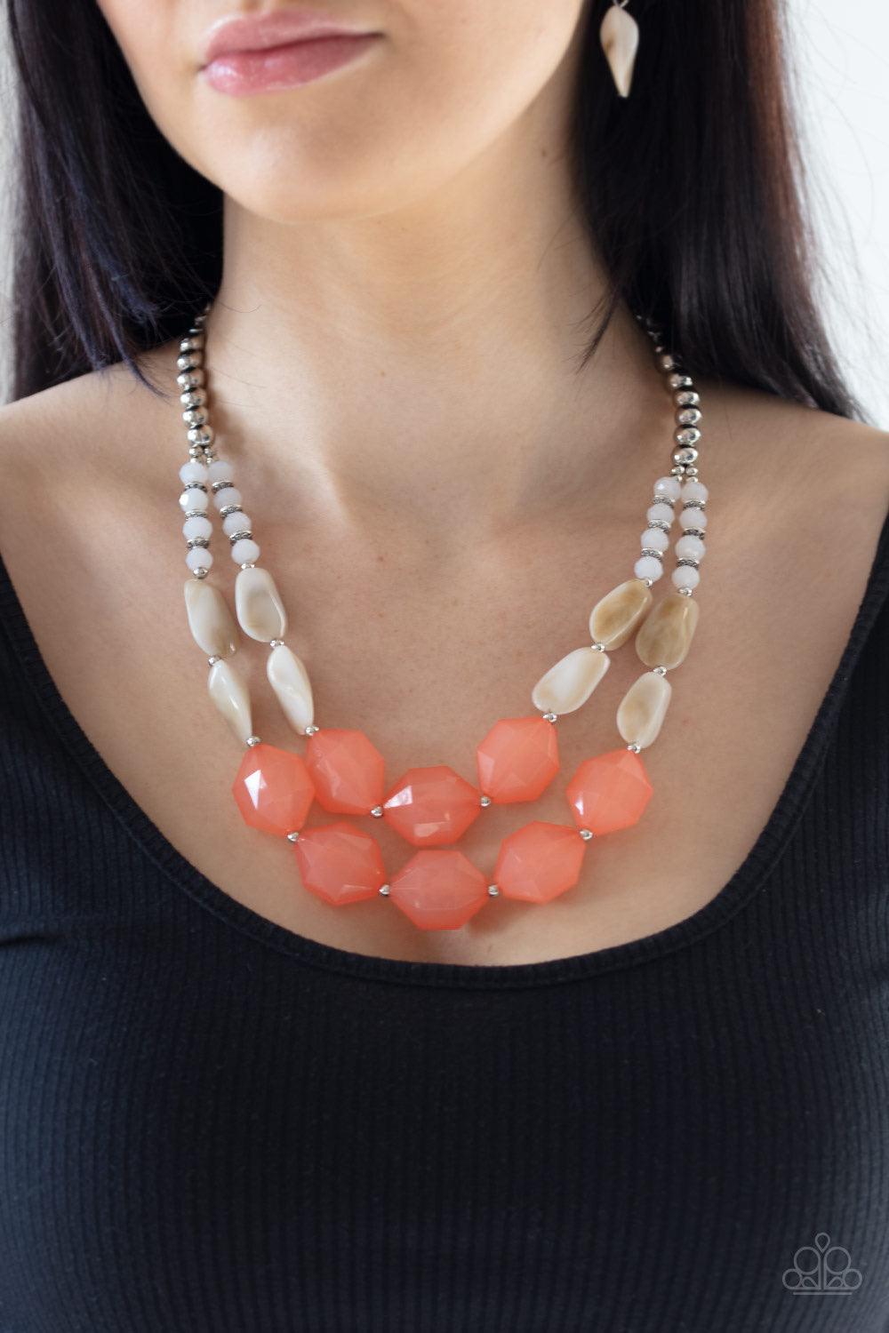 Paparazzi Accessories Seacoast Sunset - Orange A whimsical collection of silver, opaque crystal-like, cloudy white, and faceted coral beads are threaded along invisible wires, creating statement-making layers below the collar. Features an adjustable clasp