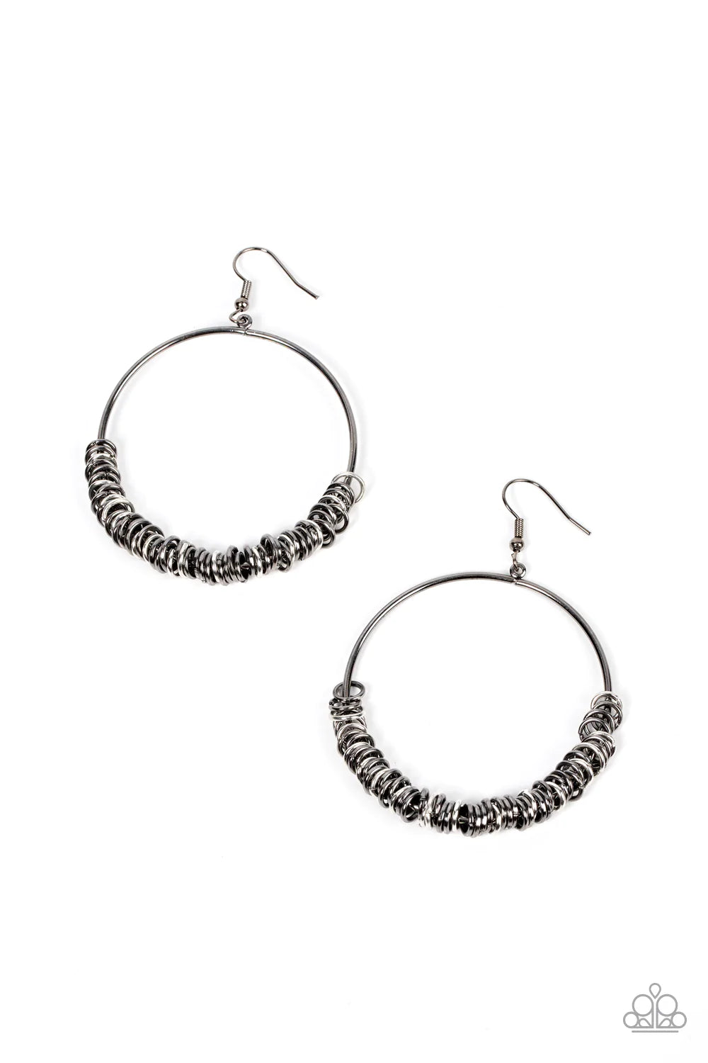 Paparazzi Accessories Retro Ringleader - Multi An abundance of miniature gunmetal and silver rings slide around a simple gunmetal front-facing hoop, resulting in a polished industrial vibe. Earring attaches to a standard fishhook fitting. Sold as one pair