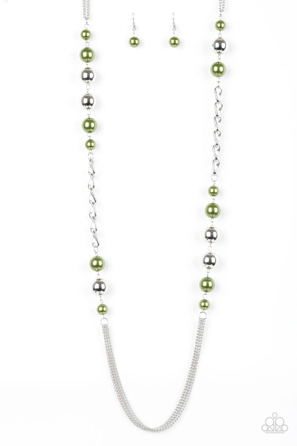Paparazzi Accessories Uptown Talker - Green Varying in size, pearly green and oversized silver beads give way to sections of bold silver chain. Layers of silver chains drape across the bottom of the design for a flawless finish. Features an adjustable cla
