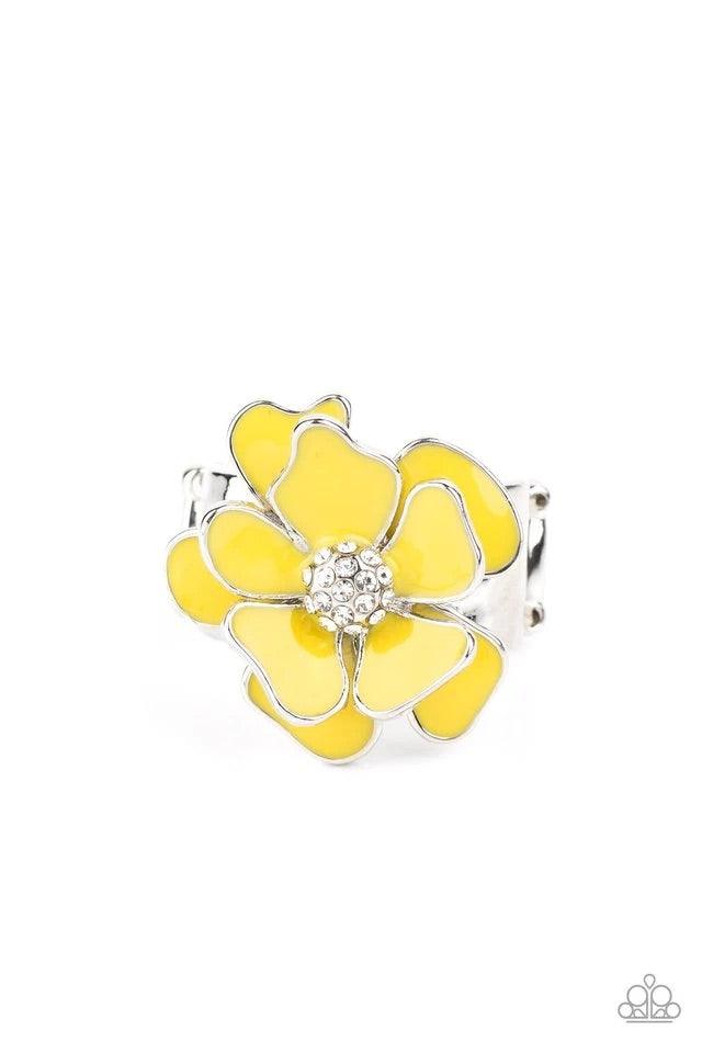 Paparazzi Accessories Hibiscus Holiday - Yellow Painted in a sunny yellow finish, colorful petals gather around a white rhinestone encrusted center for a whimsically flowering look atop the finger. Features a stretchy band for a flexible fit. Jewelry