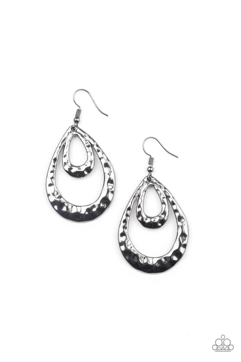 Paparazzi Accessories Museum Muse - Black Hammered gunmetal teardrops join into an edgy layered lure, creating an intense industrial display. Earring attaches to a standard fishhook fitting. Sold as one pair of earrings. Jewelry