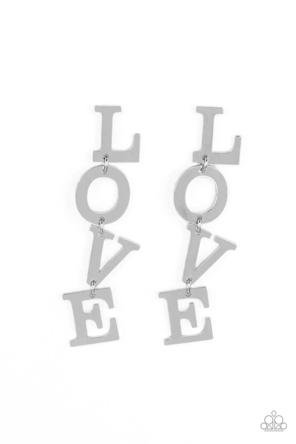 Paparazzi Accessories L-O-V-E - Silver Silver letters with a lightly hammered sheen spell out the word "LOVE" as they vertically cascade down the ear in a flattering finish. Each of the letters are interconnected to one another giving the piece some whims