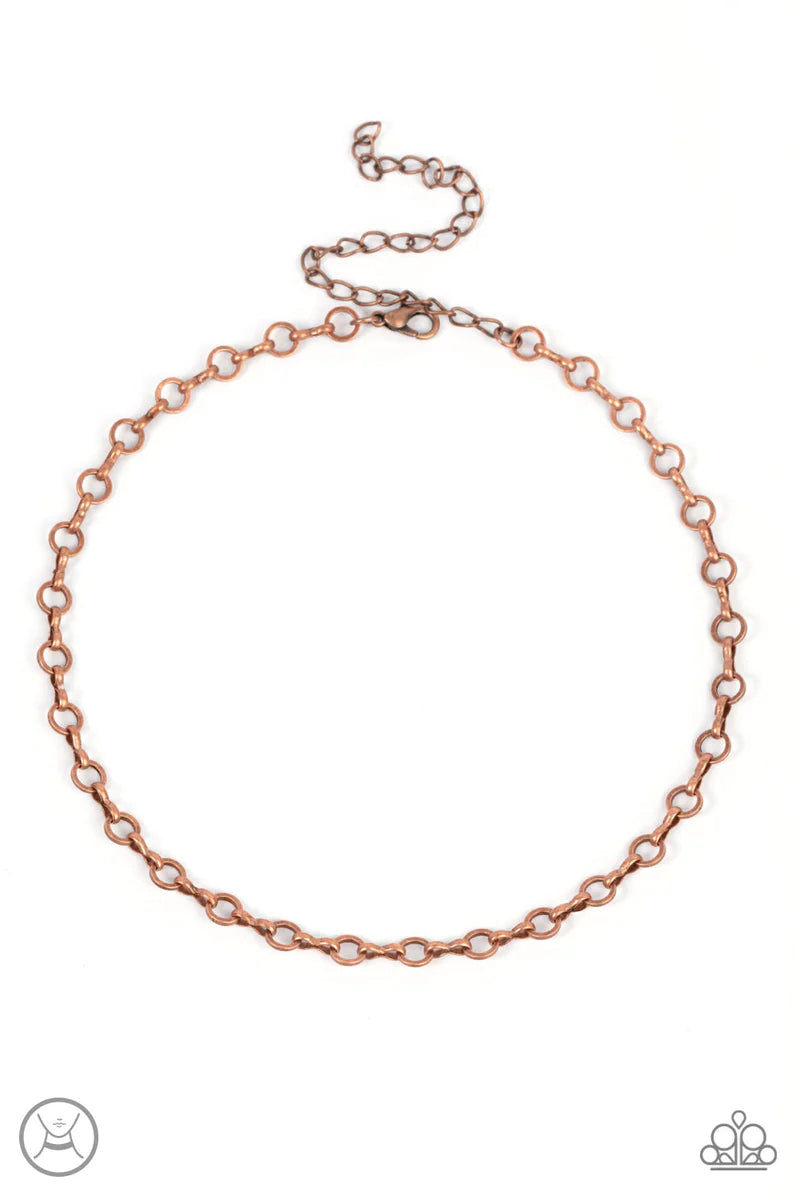 Paparazzi Accessories Keepin’ It Chic - Copper Dainty copper rings alternate with pinched copper links around the neck, creating a chic minimalist inspired look. Features an adjustable clasp closure. Sold as one individual choker necklace. Includes one pa
