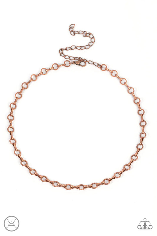 Paparazzi Accessories Keepin’ It Chic - Copper Dainty copper rings alternate with pinched copper links around the neck, creating a chic minimalist inspired look. Features an adjustable clasp closure. Sold as one individual choker necklace. Includes one pa