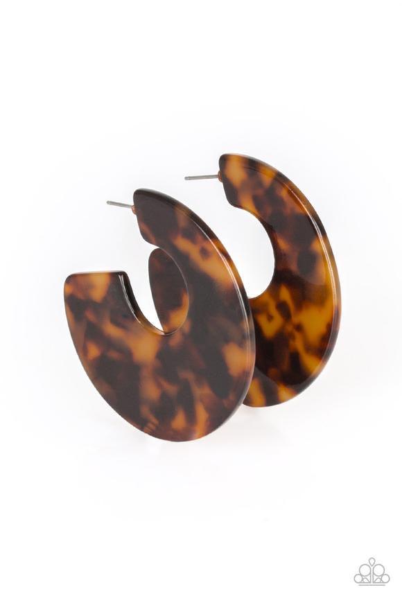 Paparazzi Accessories Tropically Torrid - Brown Brushed in a colorful faux marble finish, a flat brown hoop curls around the ear for a retro look. Earring attaches to a standard post fitting. Hoop measures 2" in diameter. Sold as one pair of hoop earrings