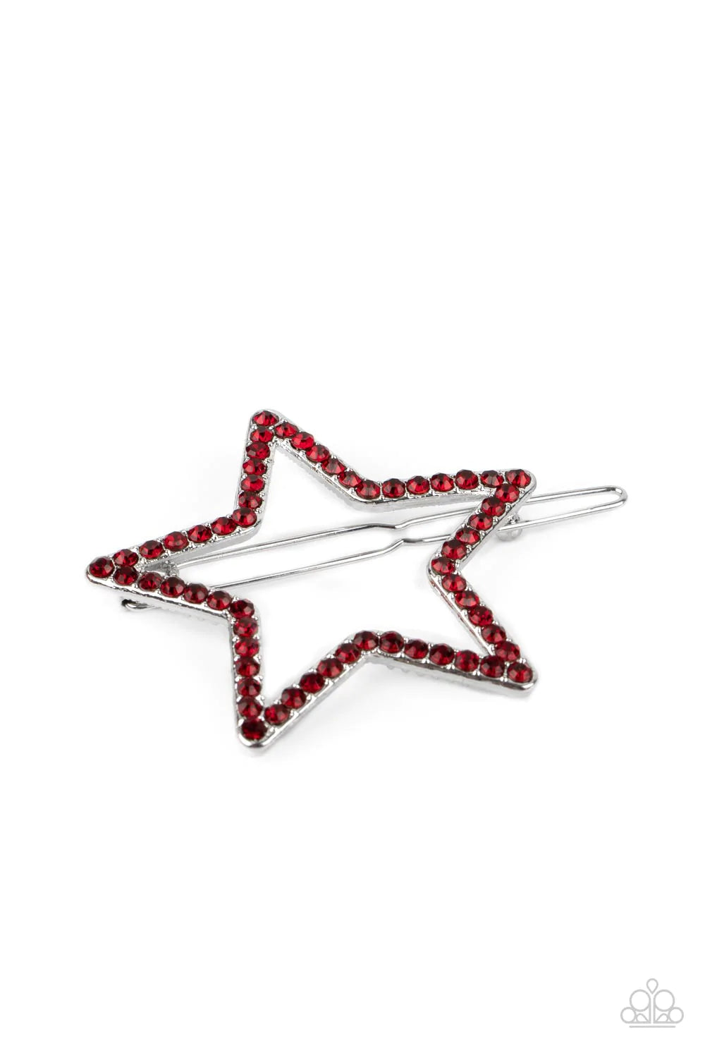 Paparazzi Accessories Stellar Standout - Red The front of an oversized silver star is encrusted in fiery red rhinestones, creating an inspiring patriotic shimmer. Features a clamp barrette closure. Sold as one individual barrette. Hair Pins