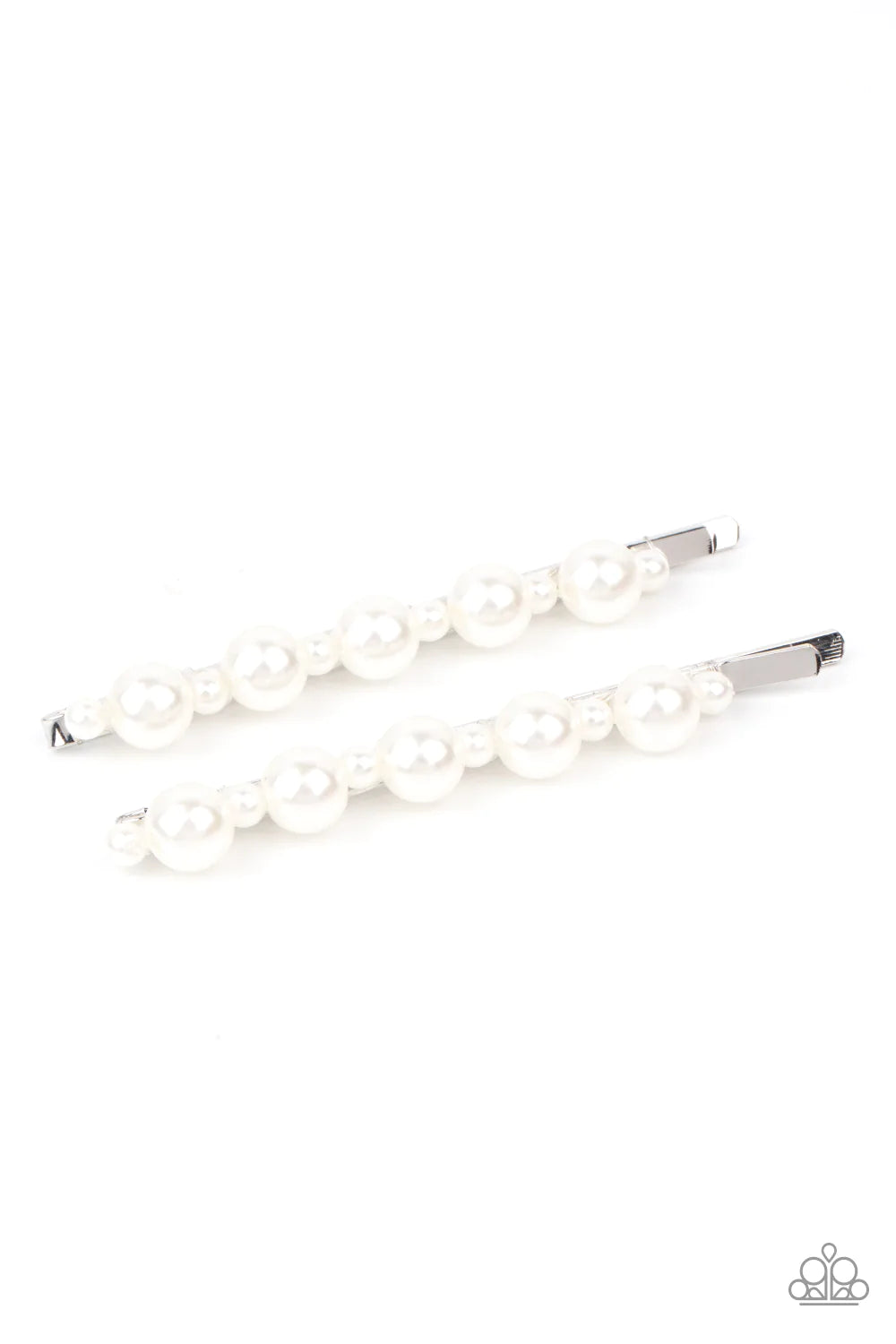 Paparazzi Accessories Put a Pin In It - White Dainty and classic pearls alternate along a pair of silver bobby pins, creating a bubbly display. Sold as one pair of decorative bobby pins. Hair Accessories
