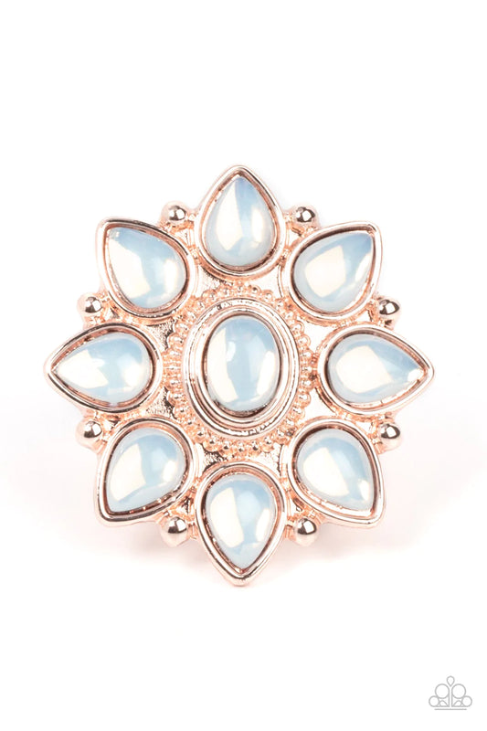 Paparazzi Accessories Enchanted Orchard - Gold Dewy opal teardrop beads bloom from a matching oval beaded center, resulting in an ethereal floral pattern atop a studded rose gold backdrop. Features a stretchy band for a flexible fit. Sold as one individua