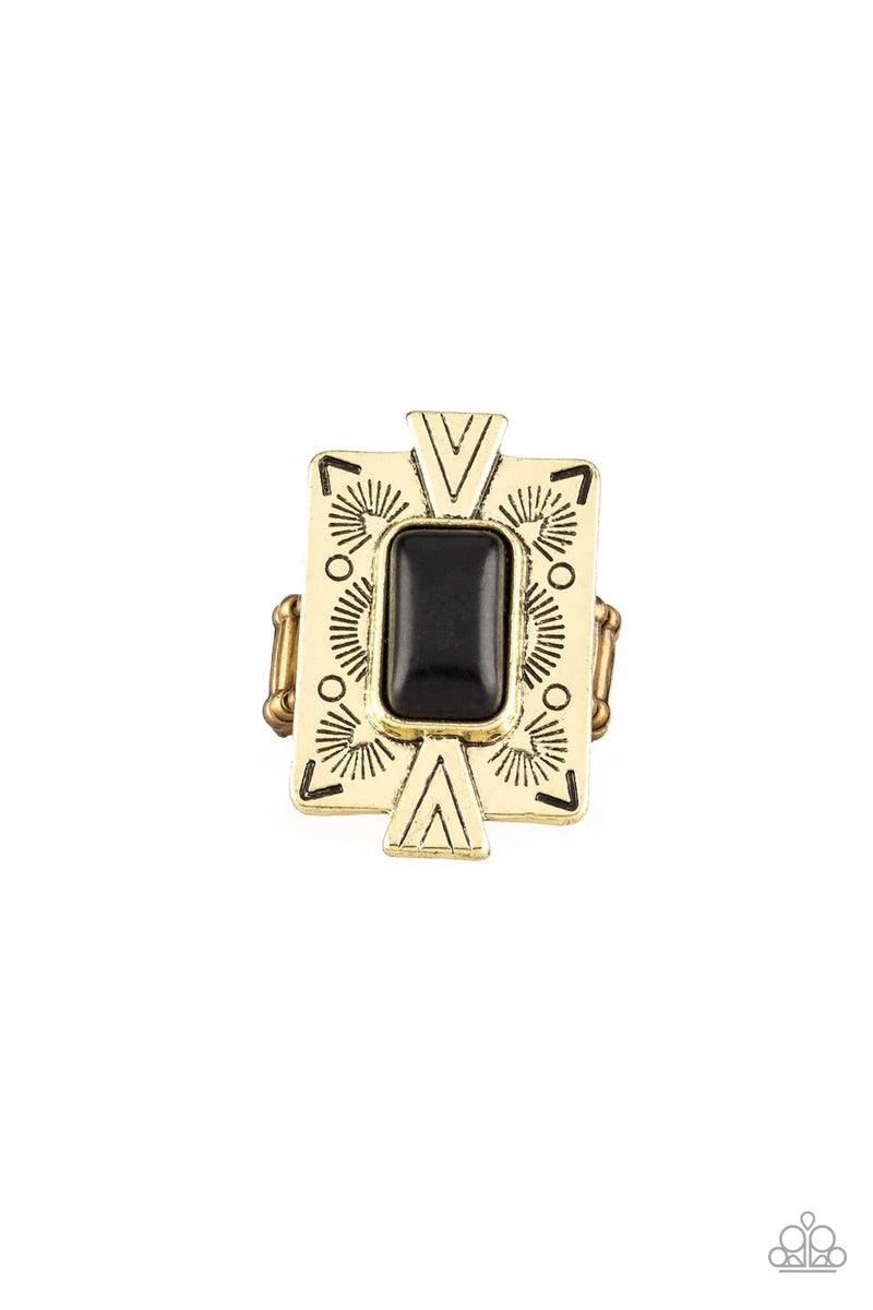 Paparazzi Accessories So Smithsonian - Brass Chiseled into a tranquil rectangle, an earthy black stone is pressed into a bold brass frame radiating with tribal inspired patterns for a seasonal look. Features a stretchy band for a flexible fit. Sold as one
