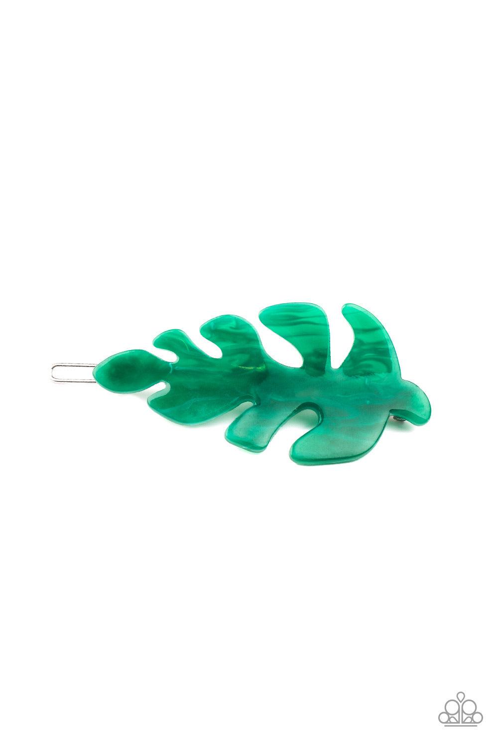 Paparazzi Accessories LEAF Your Mark - Green Brushed in a shiny finish, a green acrylic leaf delicately pulls back the hair for a seasonal inspired look. Features a clamp barrette closure. Sold as one individual hair clip. Hair Accessories