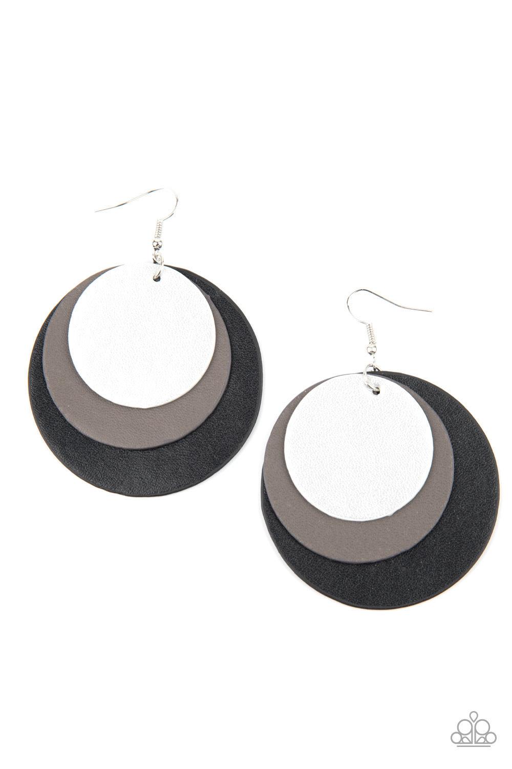 Paparazzi Accessories LEATHER Forecast - Black Shimmery silver, gray, and black leather circles delicately overlap into a trendy retro lure. Earring attaches to a standard fishhook fitting. Sold as one pair of earrings. Jewelry