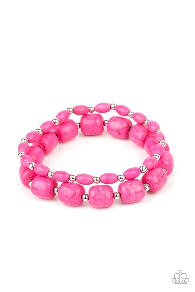 Paparazzi Accessories Colorfully Country - Pink Dainty silver beads and mismatched pink stone beads are threaded along stretchy bands around the wrist, creating vivacious layers. Jewelry