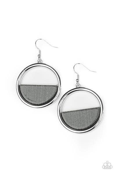 Paparazzi Accessories Stuck in Retrograde - Silver A glittering silver acrylic crescent frame is nestled on the bottom of a shiny silver hoop, coalescing into a colorfully retro frame. Earring attaches to a standard fishhook fitting. Sold as one pair of e