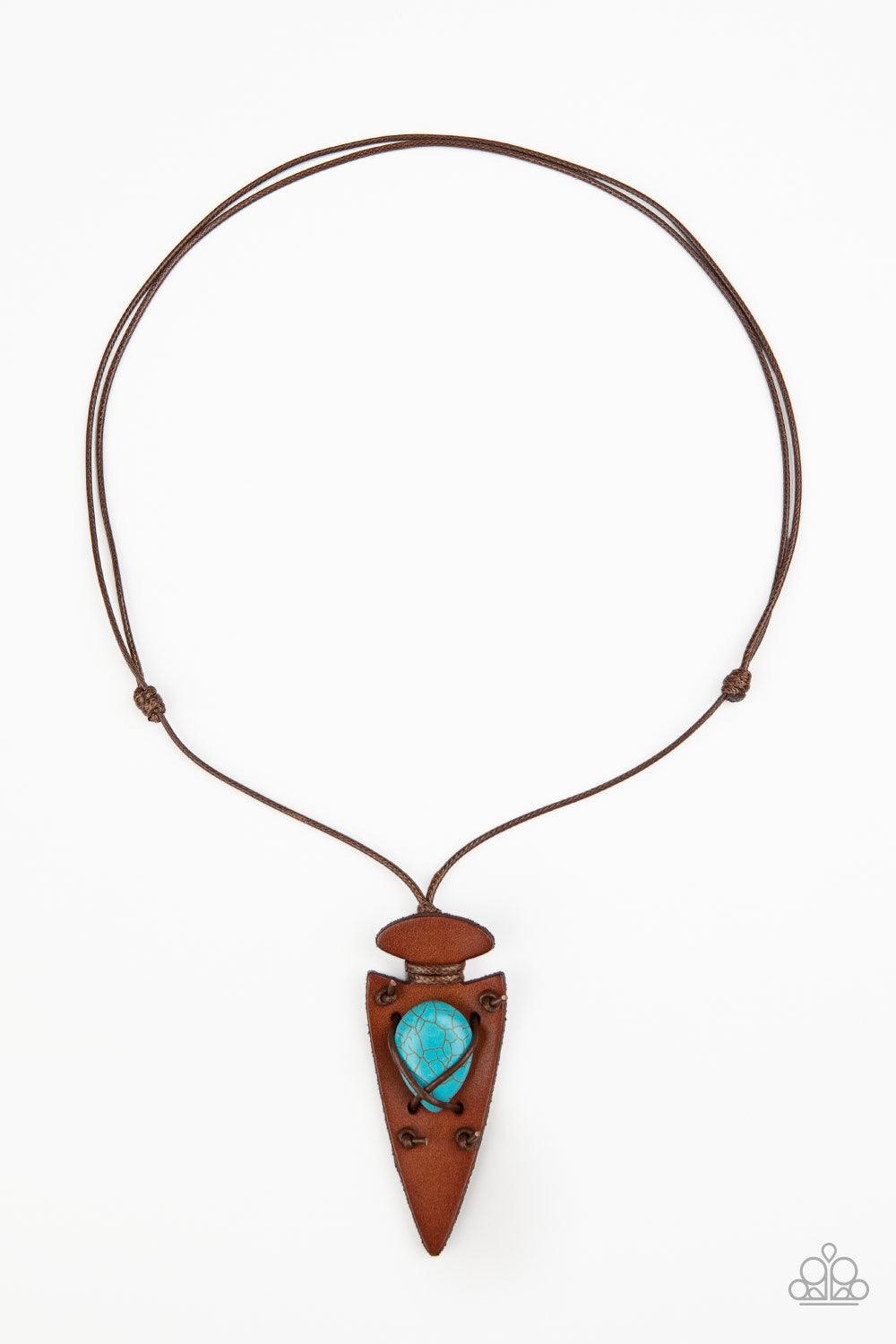 Paparazzi Accessories Hold Your ARROWHEAD Up High - Blue Shiny brown cording crisscrosses across the front of an earthy turquoise stone, knotting the colorful accent in place across the front of a brown leather arrowhead pendant for an earthy look. Featur