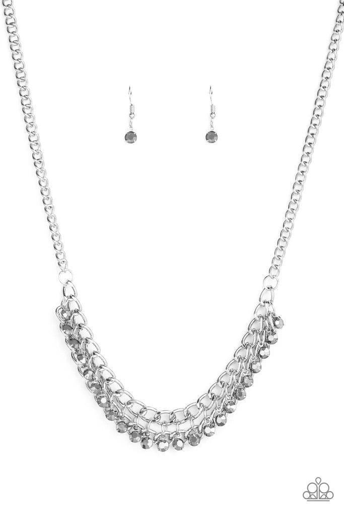 Paparazzi Accessories Glow And Grind - Silver A fringe of glittery hematite rhinestones swings from the bottom of a bold silver chain below the collar for a fierce look. Features an adjustable clasp closure. Sold as one individual necklace. Includes one p