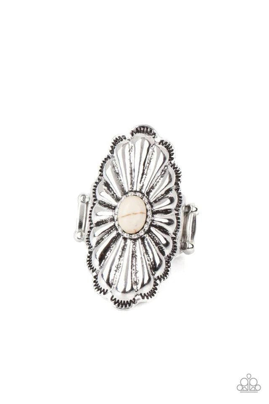 Paparazzi Accessories Cottage Couture - White Beveled silver petals fan out from the center of an oval white stone atop a scalloped silver frame, creating a whimsically rustic centerpiece atop the finger. Features a stretchy band for a flexible fit. Jewel