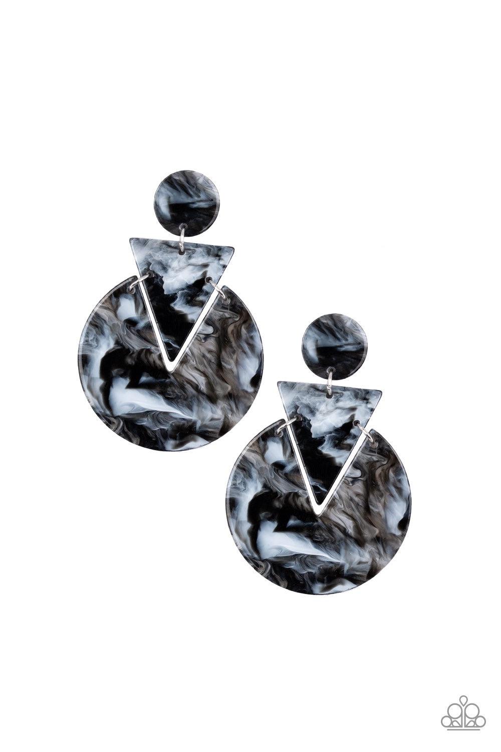 Paparazzi Accessories Head Under WATERCOLORS- Black Swirling with watercolor-like patterns, smoky acrylic frames connect into an abstract lure for a retro look. Earring attaches to a standard post fitting. Jewelry