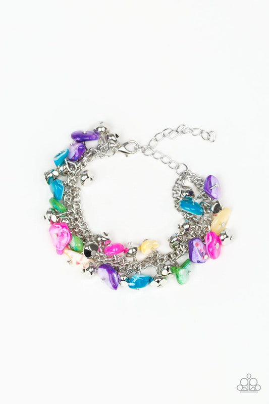 Paparazzi Accessories Plentiful Pebbles - Multi Two strands of vivacious multicolored pebbles and faceted silver beads swing from two layered chains, creating a colorful fringe around the wrist. Features an adjustable clasp closure. Jewelry