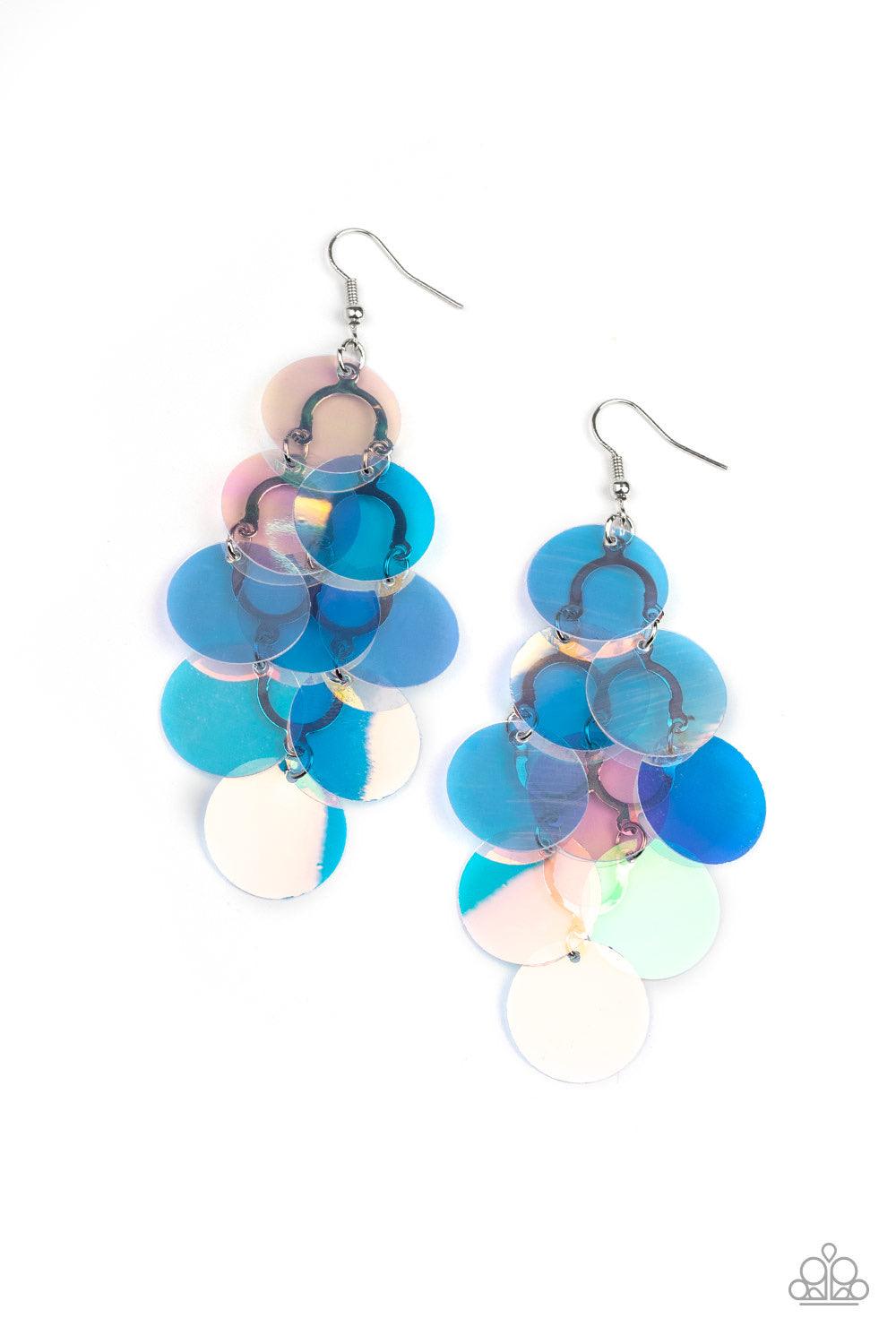 Paparazzi Accessories Mermaid Shimmer - Multi Bubbly iridescent discs cascade from the ear, coalescing into an effervescent lure. Earring attaches to a standard fishhook fitting. Jewelry