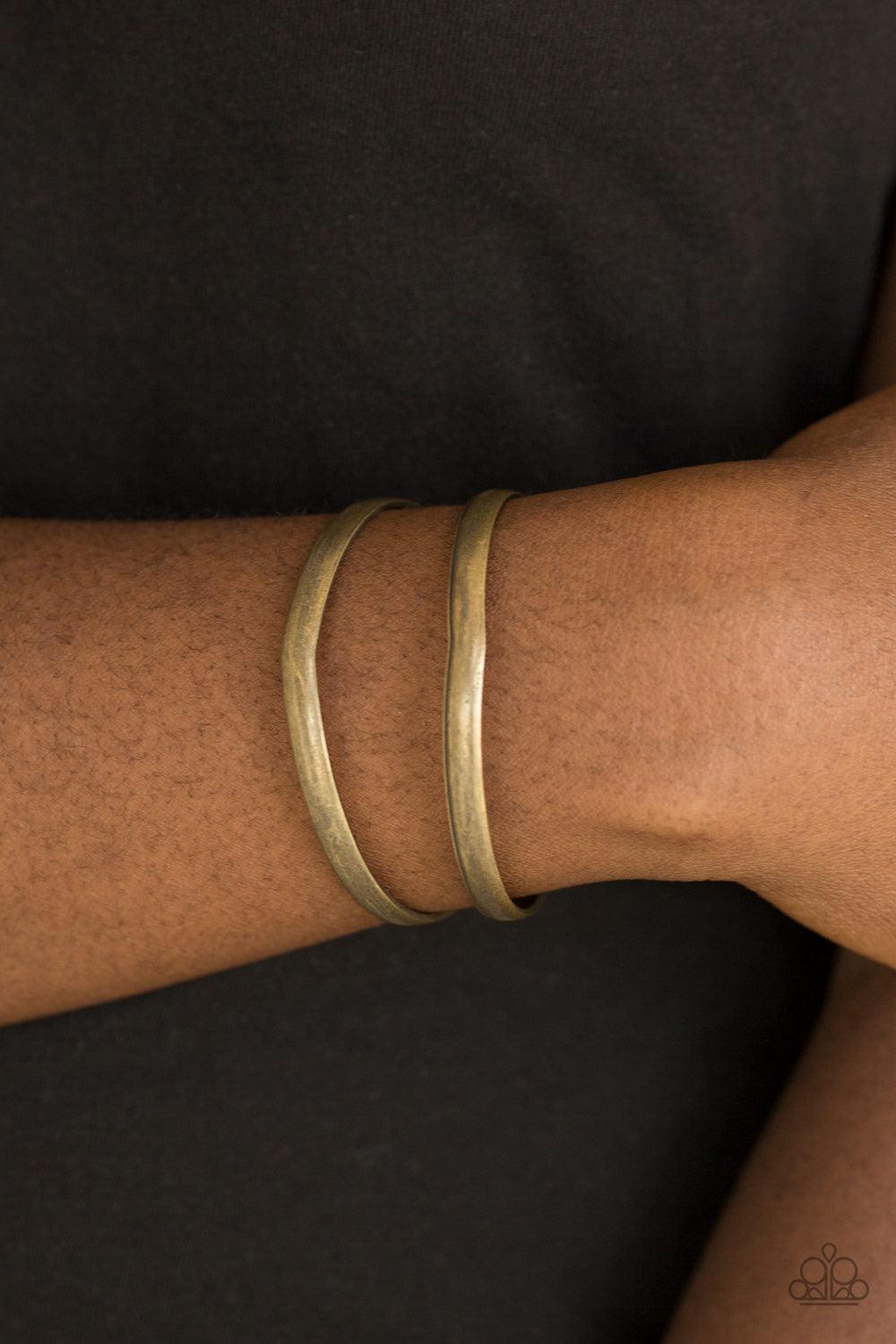 Paparazzi Accessories Palm Trees and Pyramids - Brass Antiqued brass bars race across the wrist, coalescing into an airy cuff. The shimmery bars slightly flare at the center, for a subtle geometric finish. Jewelry