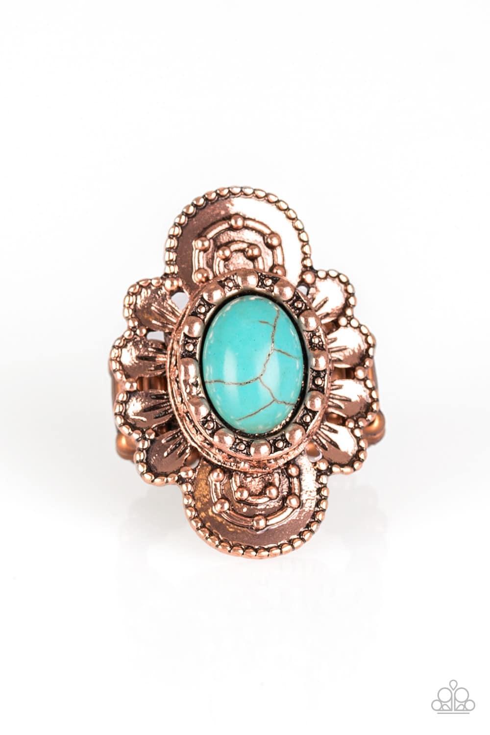 Paparazzi Accessories Basic Element - Copper Dotted in shimmery patterns, textured copper petals bloom from a refreshing turquoise stone center for a bold seasonal look. Features a stretchy band for a flexible fit. Sold as one individual ring. Jewelry