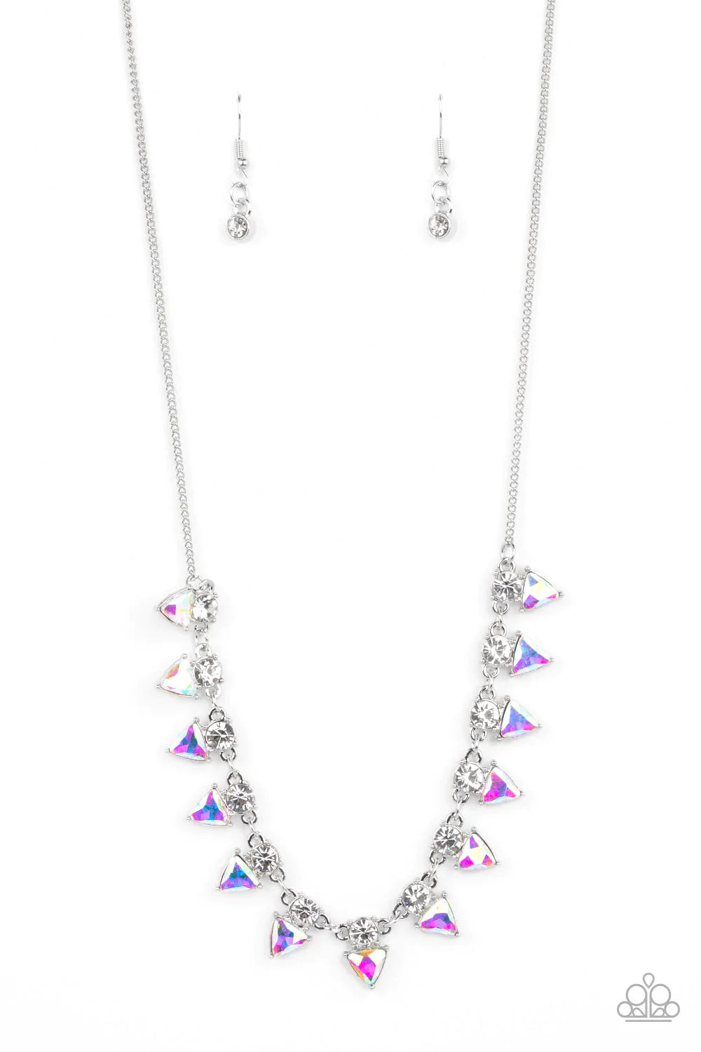 Paparazzi Accessories Razor-Sharp Refinement - Blue Solitaire white rhinestones sparkle atop iridescent prism-like gems below the collar, linking into a sharp-looking statement piece. Features an adjustable clasp closure. Due to its prismatic palette, col