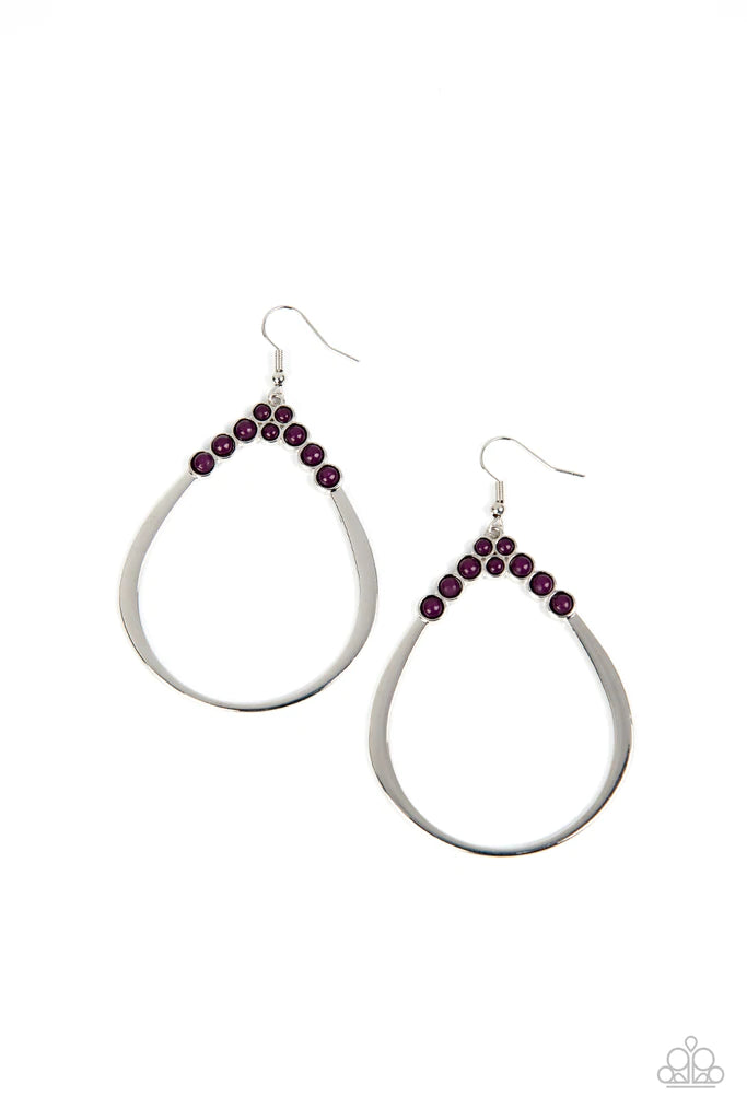 Paparazzi Accessories Festive Fervor - Purple The top of a shiny silver teardrop is dotted in dainty plum beads, adding a bubbly pop of color to the ear. Earring attaches to a standard fishhook fitting. Sold as one pair of earrings. Jewelry