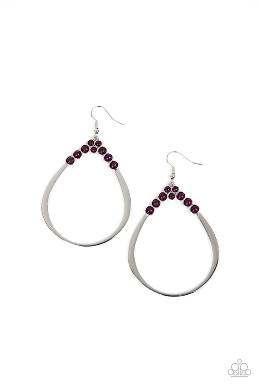 Paparazzi Accessories Festive Fervor - Purple The top of a shiny silver teardrop is dotted in dainty plum beads, adding a bubbly pop of color to the ear. Earring attaches to a standard fishhook fitting. Sold as one pair of earrings. Jewelry