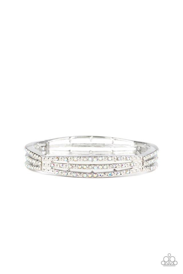 Paparazzi Accessories Suburb Scene - Multi Sporadically dotted in rows of iridescent rhinestones and shiny silver studs, stacked silver frames are threaded along a stretchy band around the wrist for a refined look. Jewelry