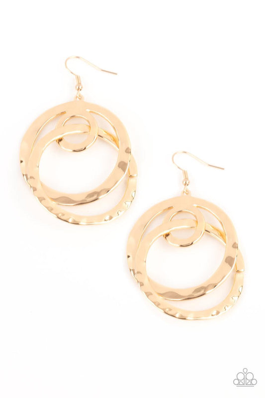 Paparazzi Accessories Modern Relic - Gold A hammered gold hoop is threaded through the center of a dainty gold ring attached to the top of a matching hammered hoop, creating an abstract lure. Earring attaches to a standard fishhook fitting. Sold as one pa