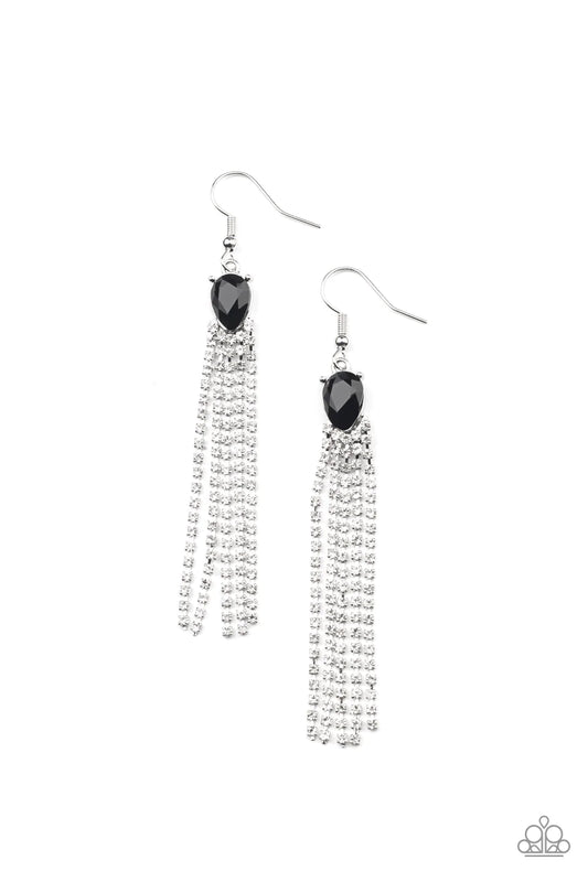 Paparazzi Accessories Drop-Dead Dainty - Black Dainty strands of glassy white rhinestones stream out from the bottom of a glittery black teardrop rhinestone, creating a timelessly tasseled display. Earring attaches to a standard fishhook fitting. Sold as