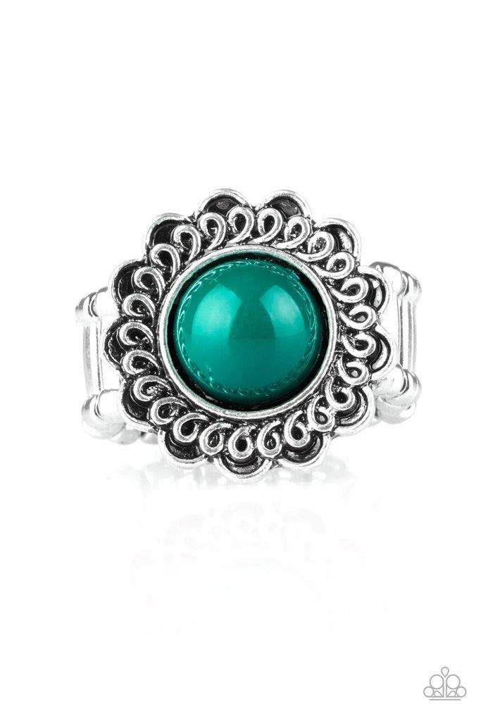 Paparazzi Accessories Garden Stroll - Green A refreshing green bead is pressed into the center of a shimmery floral frame radiating with swirling detail. Features a stretchy band for a flexible fit. Sold as one individual ring. Jewelry
