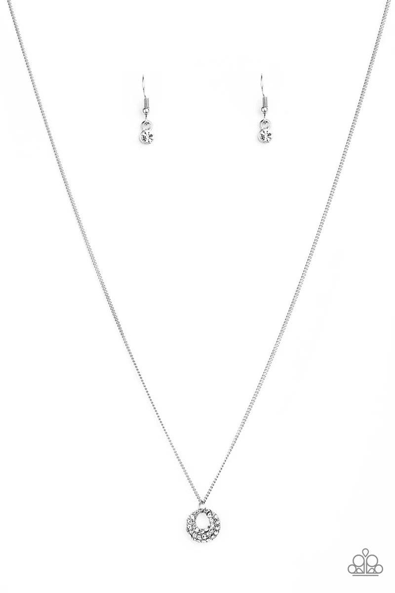 Paparazzi Accessories One Small Step for GLAM - White Encrusted in glittery white rhinestones, a dainty silver pendant swings below the collar for a glamorous look. Features an adjustable clasp closure.Sold as one individual necklace. Includes one pair of